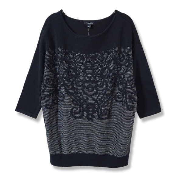 ROZ & ALI Half Sleeve Black Knit Sweater Blouse Metallic Jaquard Filagree Front - Picture 1 of 14